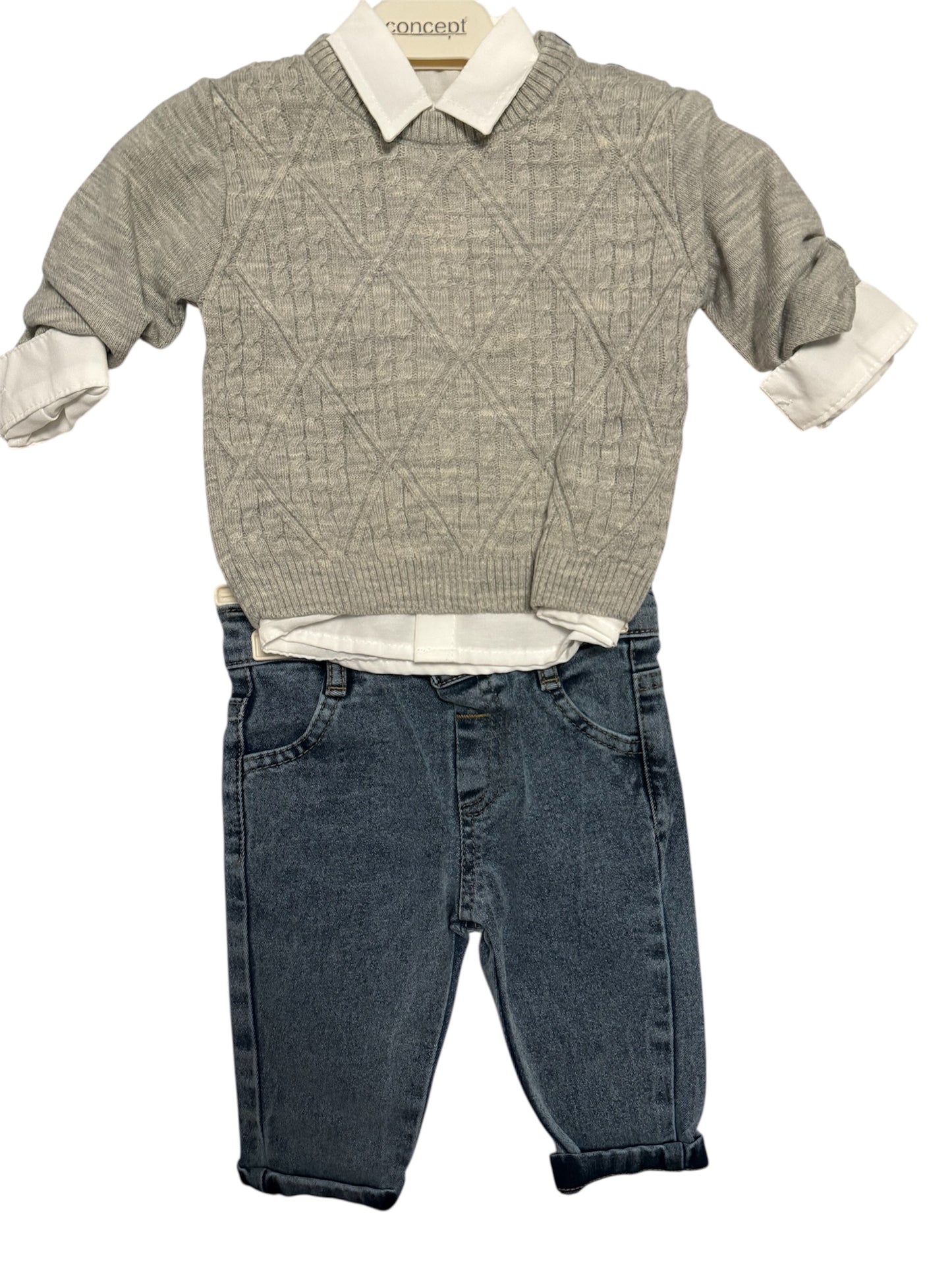 Baby Boy- Grey Jumper, Shirt and Jeans Set