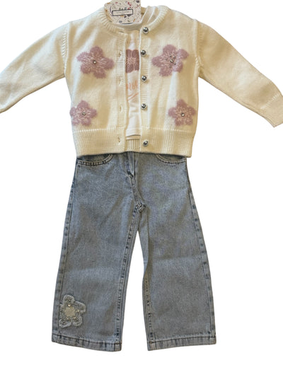 Cream Flower Cardigan Set