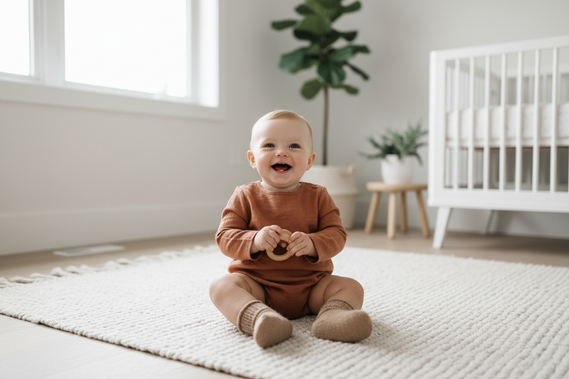 a happy baby sitting on a soft neutral rug in a bright minimal nursery, wearing a simple stylish baby outfit in earthy tones, natural window light, calm and cozy atmosphere, modern Scandinavian interior, plants in background, soft focus, premium lifestyle baby photography. soft natural daylight, warm neutral tones, minimal aesthetic, high-end lifestyle photography, shallow depth of field, clean background, gentle shadows, calm and cozy mood, realistic skin tones, no logos, no text overlay, ecommerce photogr