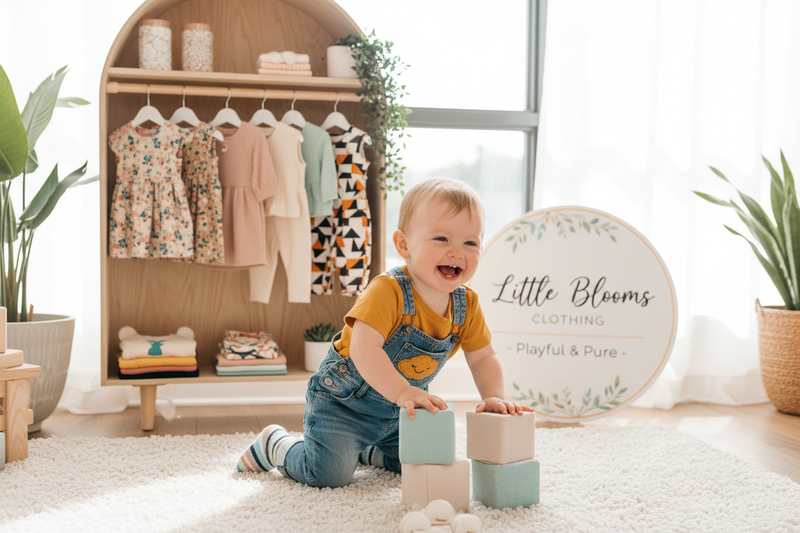 A image describing the store products which are toodlers clothing both boys and girls and a toodler showcasing the store product.