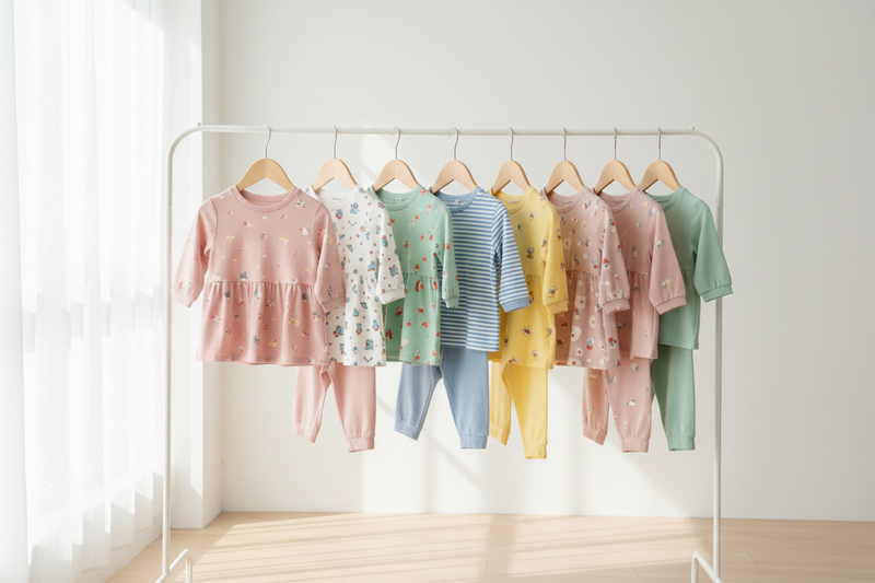 pairs of newly made cloth for toodlers on a hanger